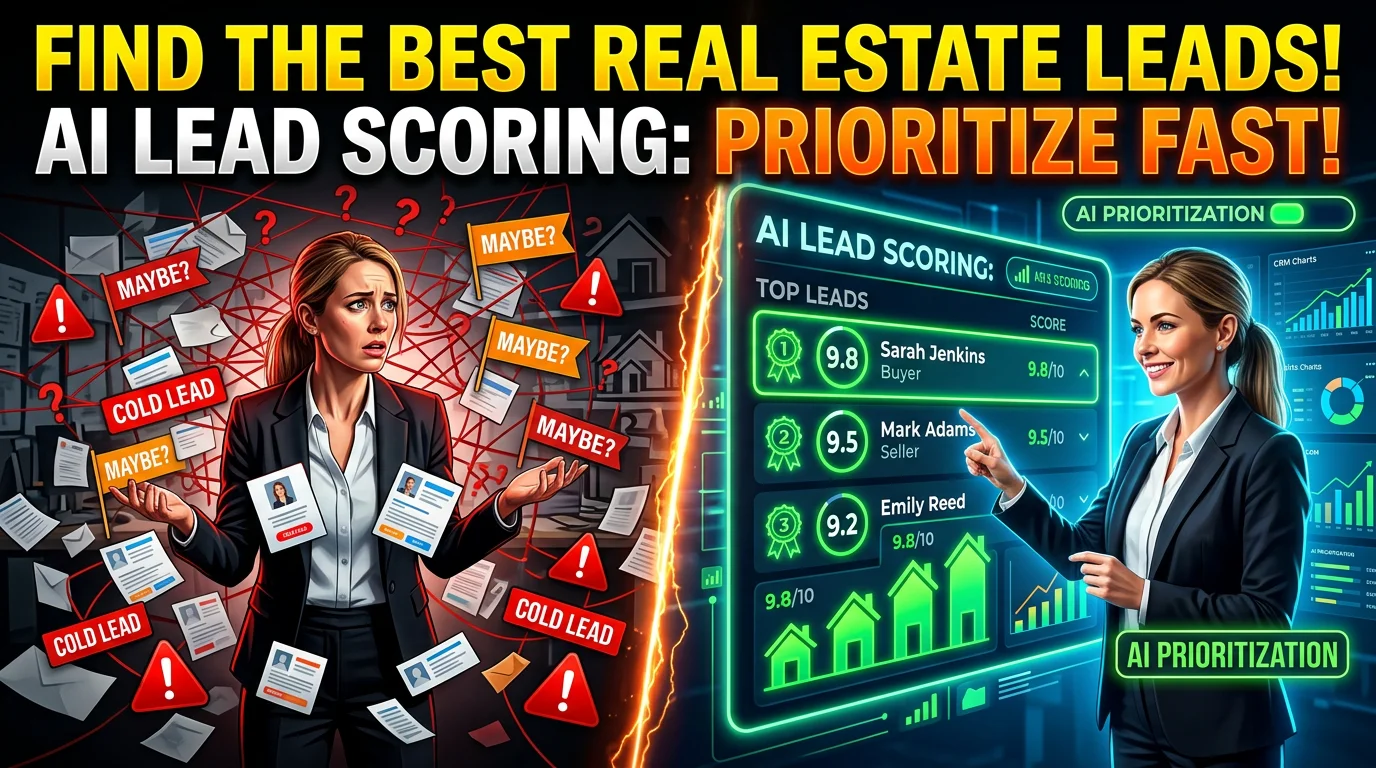 Real estate agent reviewing AI lead scoring dashboard with hot buyer and seller leads