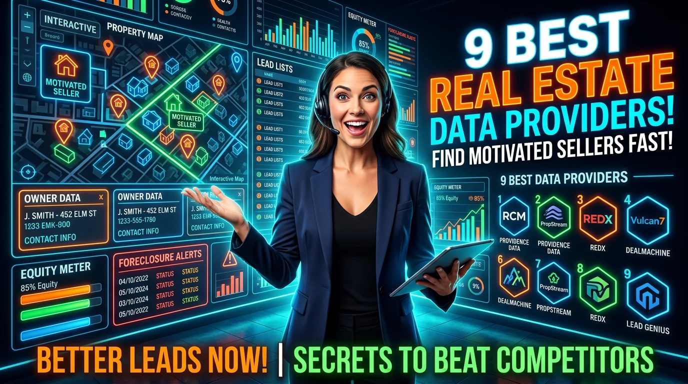Real estate agent comparing property data dashboards, owner records, maps, and lead lists