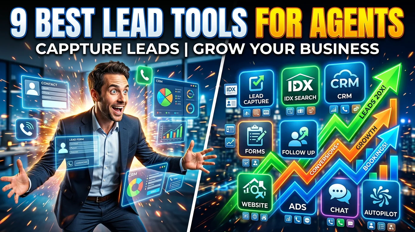 Real estate agent comparing lead capture software dashboards and buyer lead forms