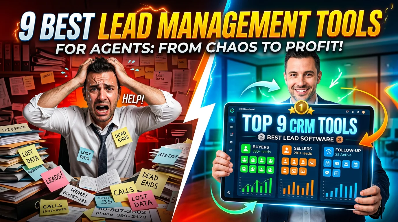 Real estate agent reviewing lead management software dashboards with buyer and seller leads