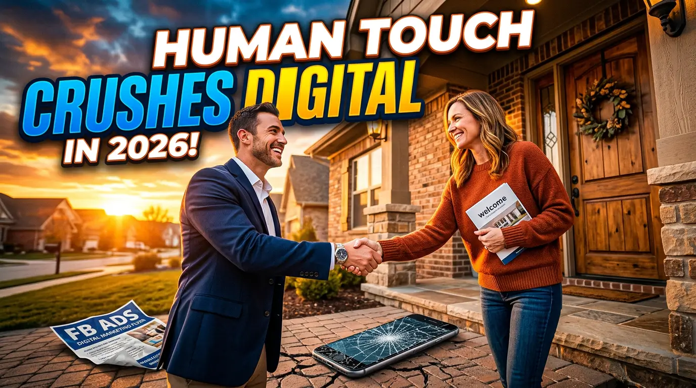 Real estate agent shaking hands with homeowner at front door - human touch lead generation