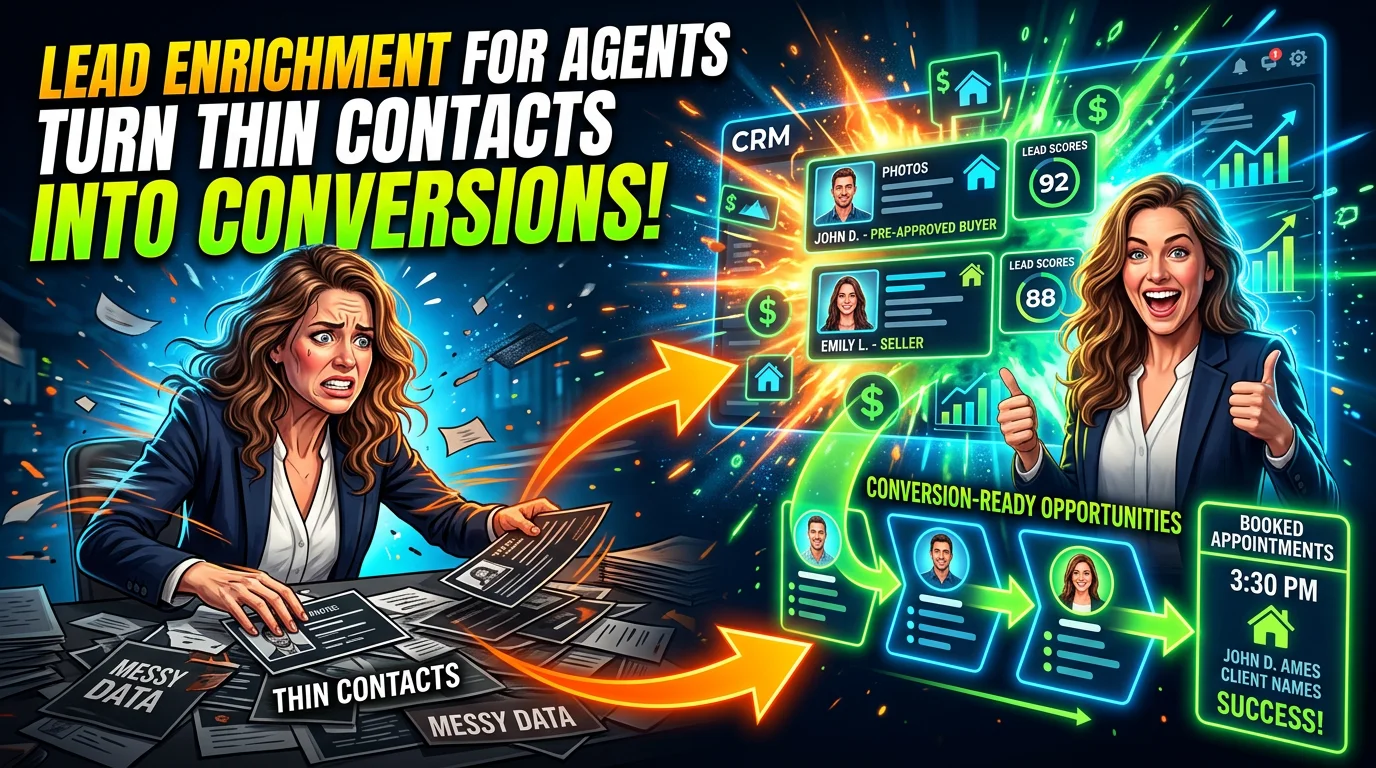 Real estate agent reviewing enriched buyer and seller lead profiles on a CRM dashboard