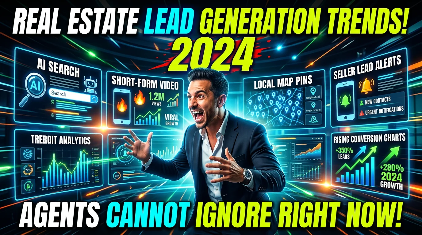 Real estate agent reviewing lead generation trends dashboard with AI, video, local search, and seller lead icons