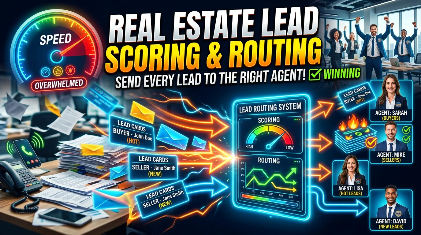 Real estate lead scoring and routing dashboard assigning leads to agents