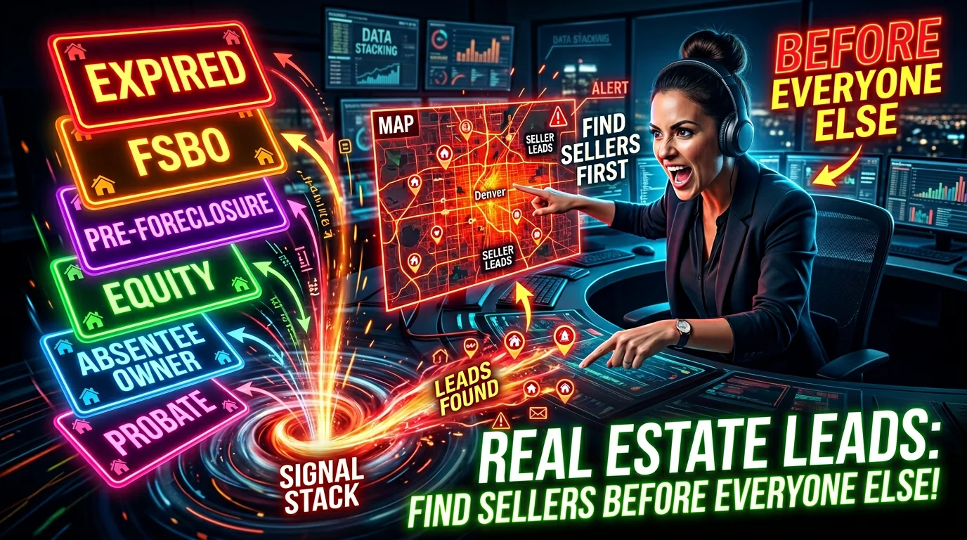 Real estate agent stacking seller lead signals from expired listings, FSBOs, pre-foreclosures, equity, and ownership data