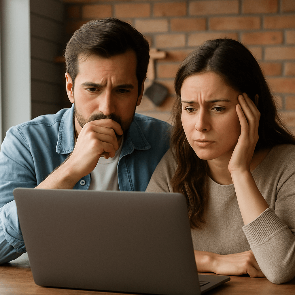 Concerned couple looking at a laptop