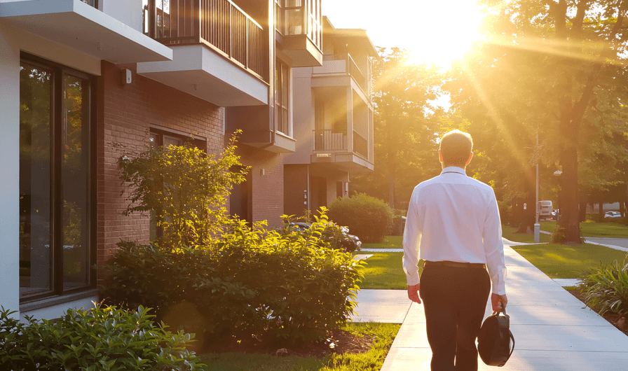 Person walking towards modern building