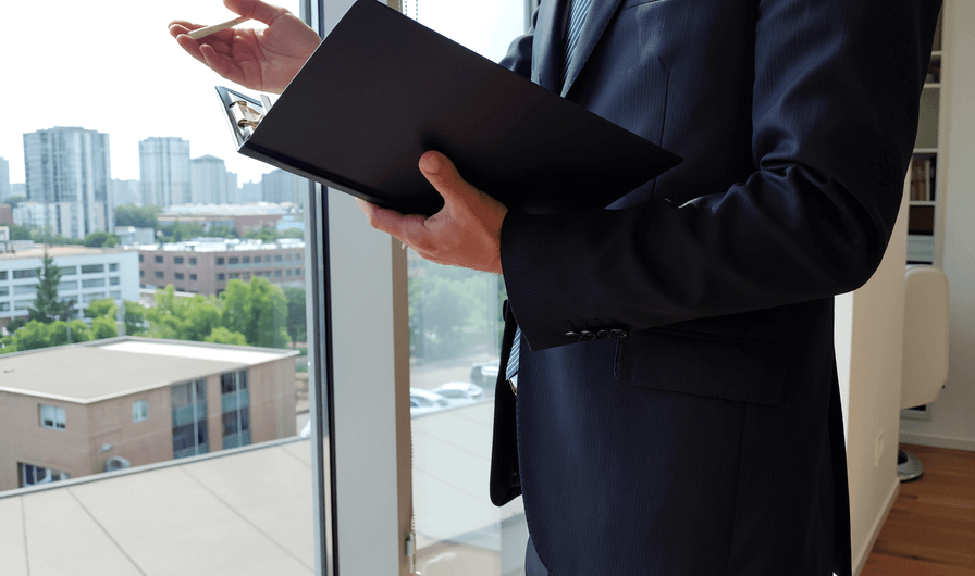 Person looking at city skyline from window